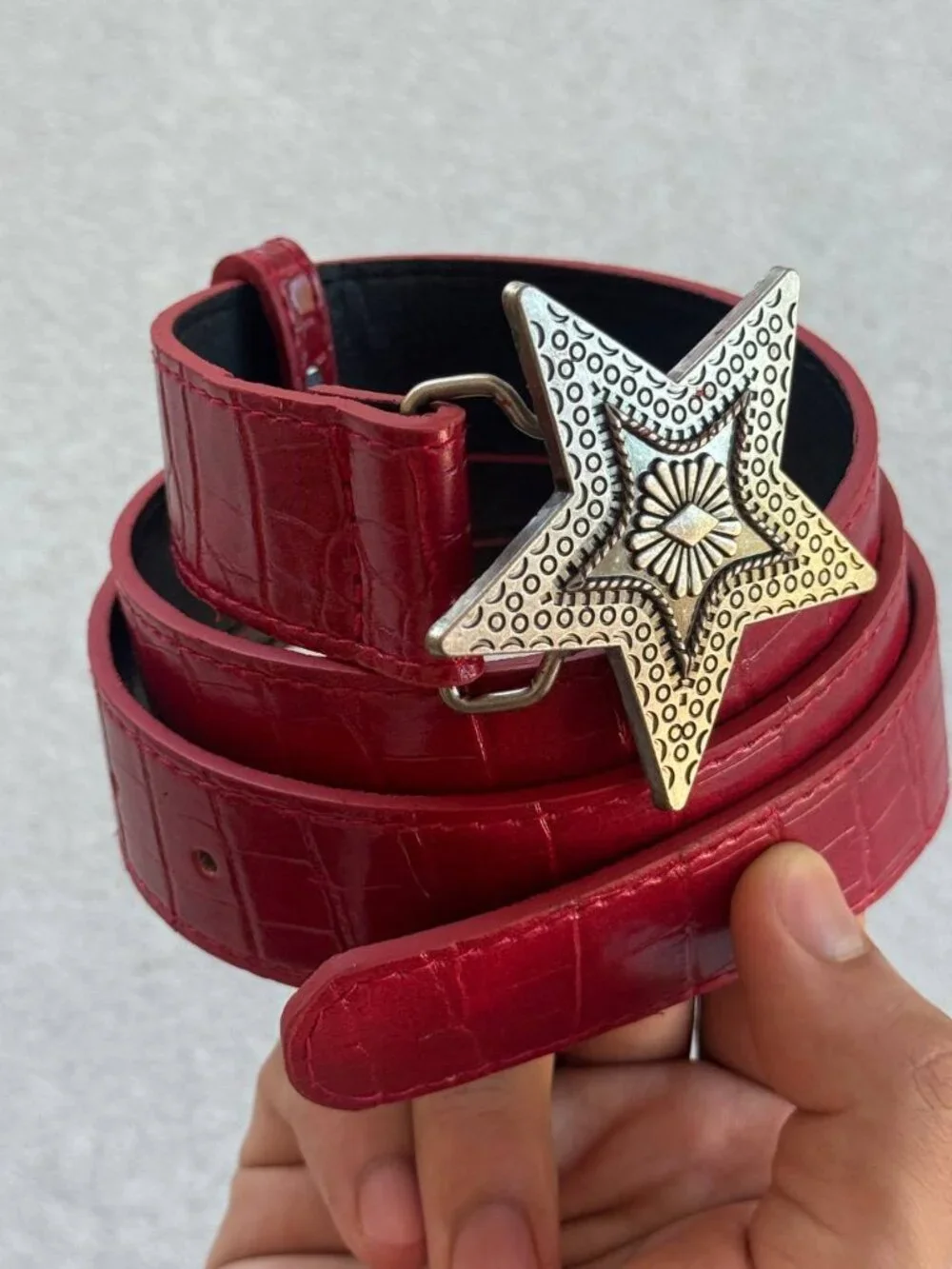 Red Faux Croc Western Star Buckle Belt